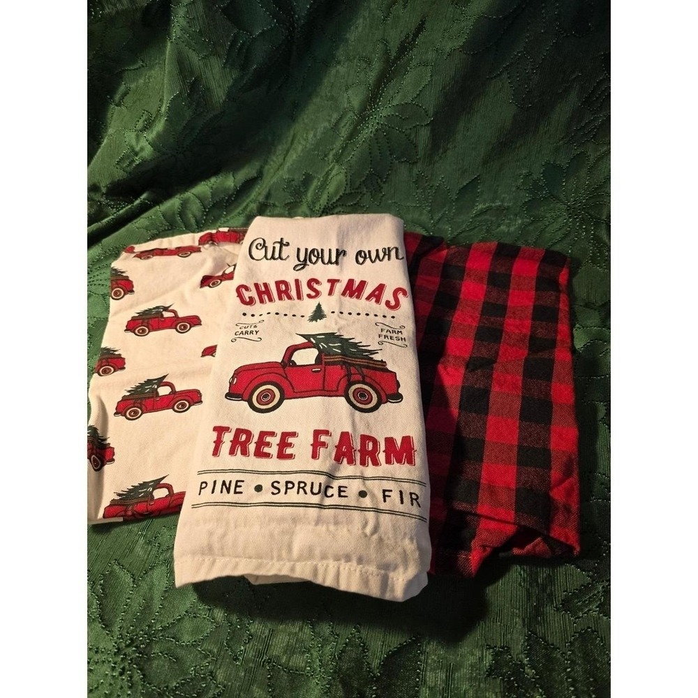 Hobby Lobby Christmas Kitchen Towel Set Red Truck Cut Plaid Tree Farm /0453
